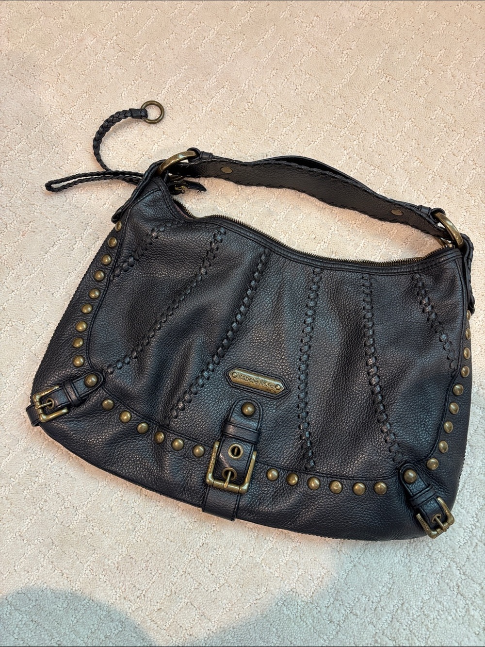 Isabella Fiore Black Braided Leather Shoulder Bag with Brass Studs